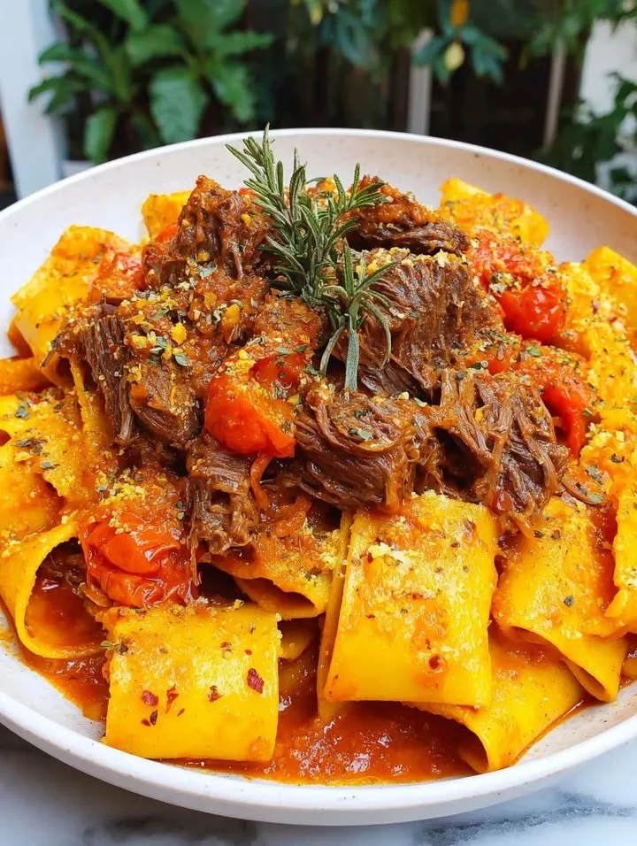 Leckere Short Ribs Ragù Pasta in einem Teller serviert