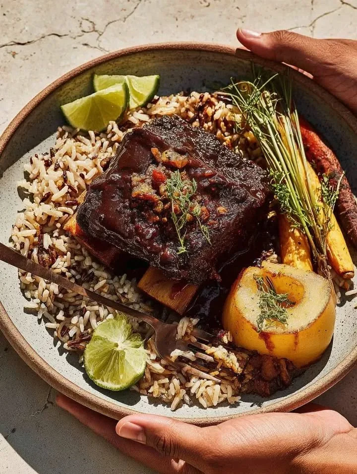Sirloin Steak mit Wildreis und geröstetem Gemüse serviert auf einem Teller