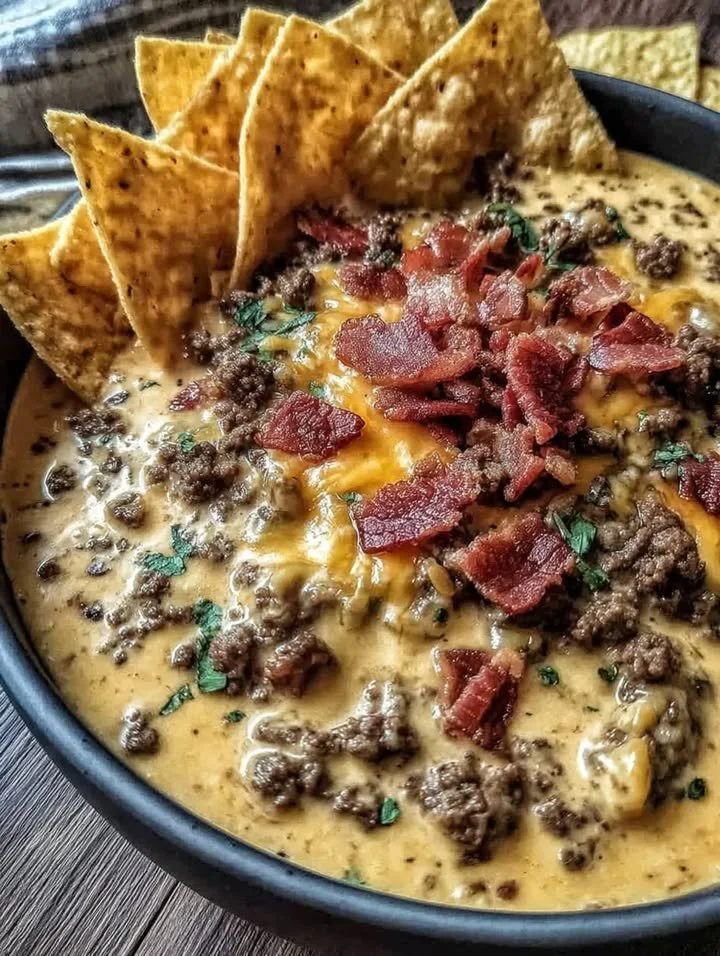 Cremiger Bacon Cheeseburger Queso Dip in einer Schüssel