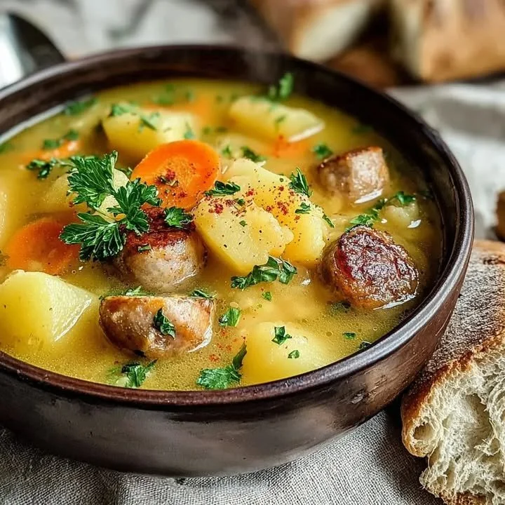 Schüssel mit Slow Cooker Kartoffelwurst Suppe, garniert mit frischen Kräutern.