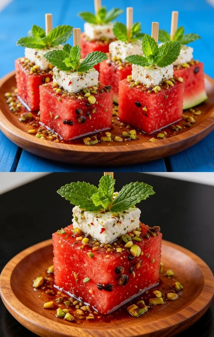 Wassermelone mit Feta und Minze auf einem Zahnstocher als erfrischender Snack.