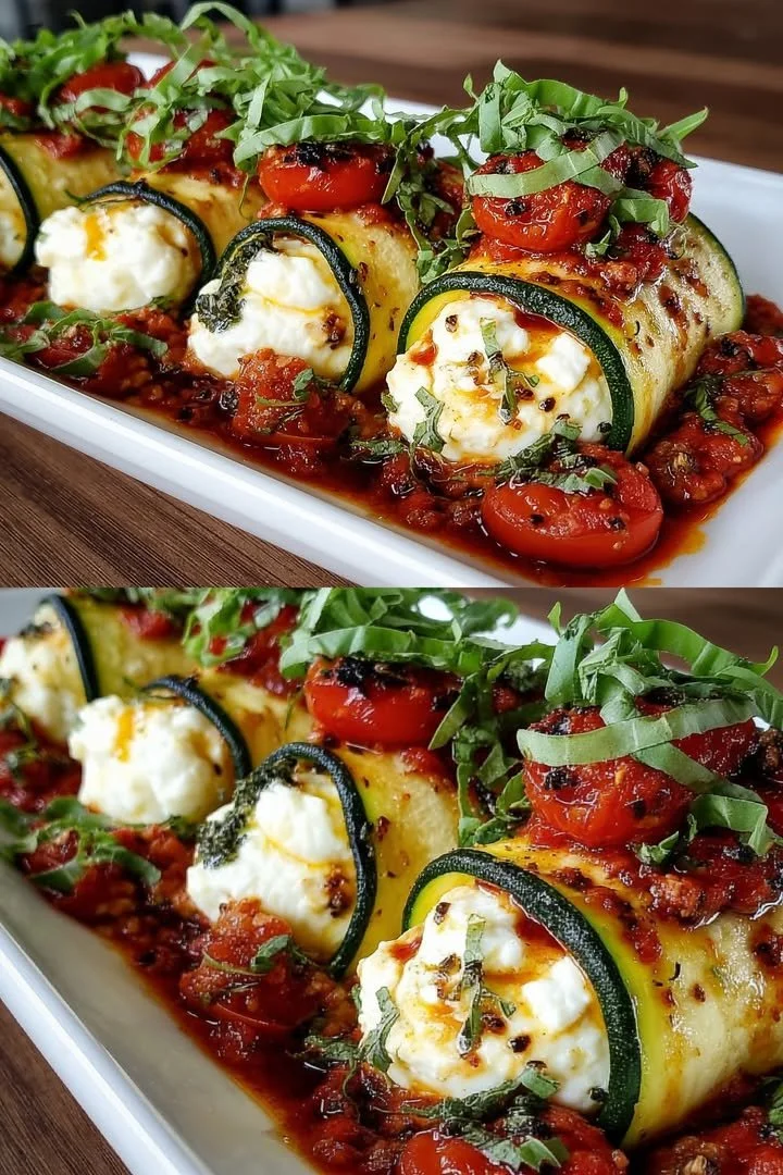 Sommerliche Zucchini-Rollen mit frischem Gemüse und Kräutern zubereitet