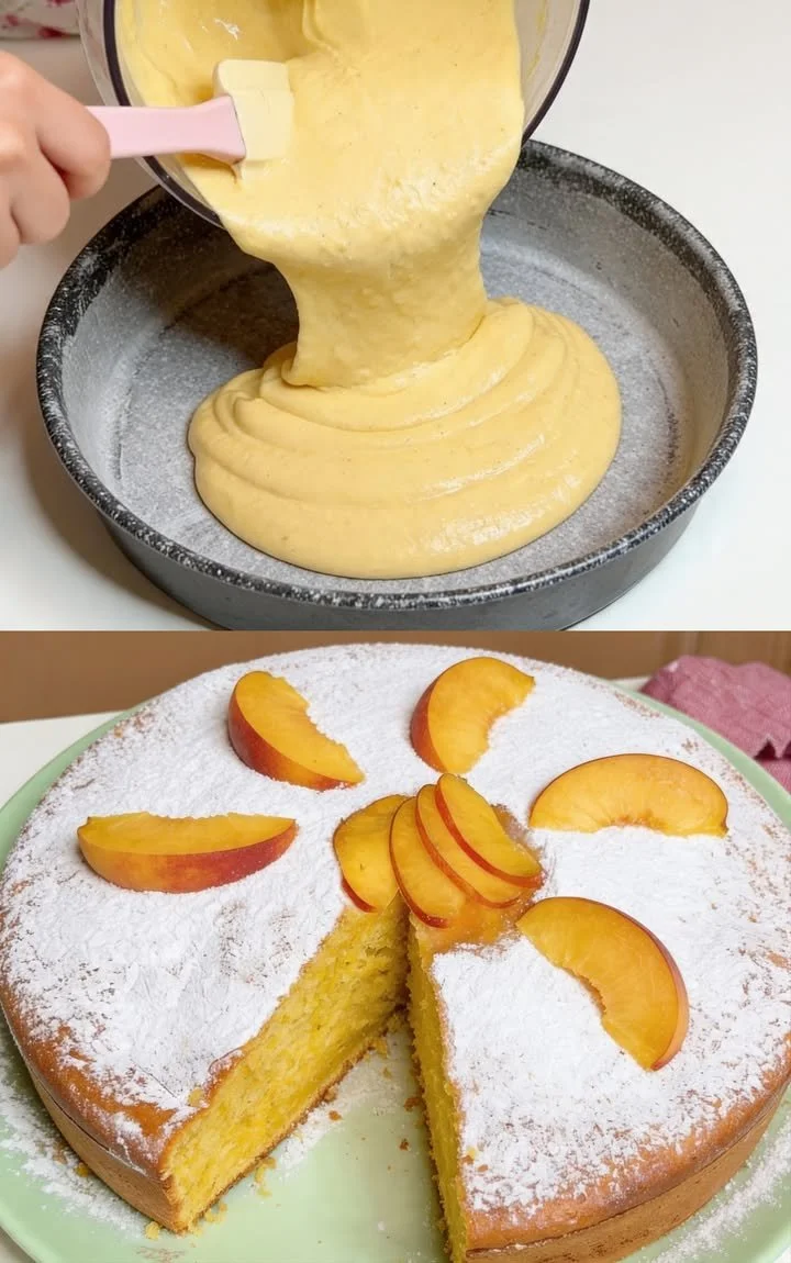 Ein saftiger Sommerpfirsichkuchen mit frischen Pfirsichen und goldbrauner Kruste.