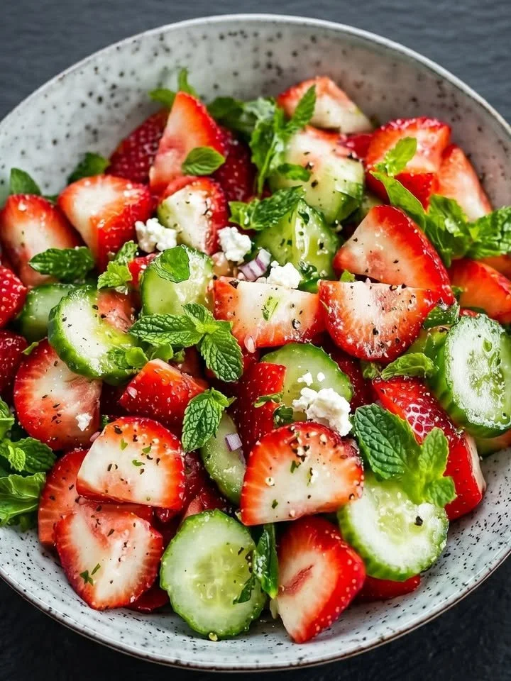 Sommersalat mit Gurke und Erdbeeren auf einem Teller angerichtet