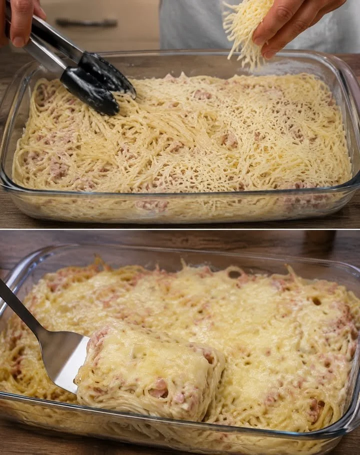 Spaghetti-Casserole mit Schinken auf einem Teller serviert