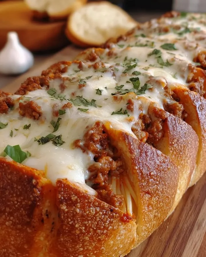 Spaghetti gefülltes Knoblauchbrot mit Fleischsauce und Käse auf einem Teller