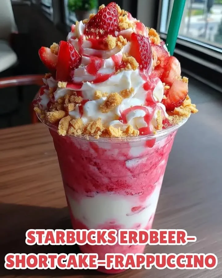 Leckerer Starbucks Erdbeer-Shortcake-Frappuccino in einem Glas mit Sahne.
