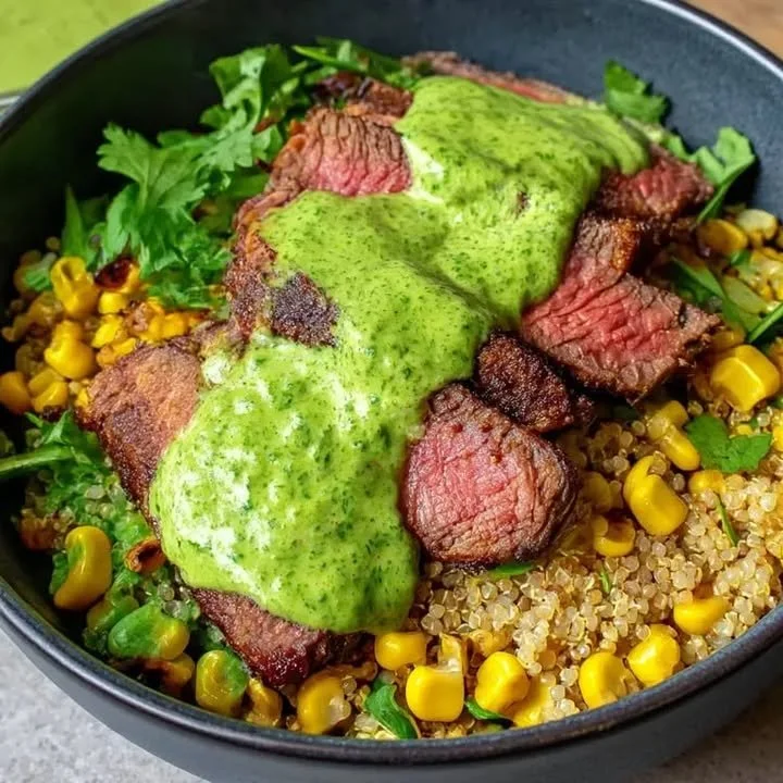 Leckere Steak-Avocado-Mais-Schale mit frischen Zutaten