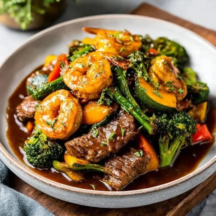 Leckere Steak-Garnelen-Gemüse-Pfanne mit buntem Gemüse und saftigen Garnelen