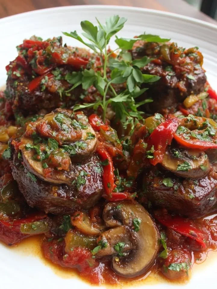 Steak Pizzaiola in würziger Tomatensauce auf einem Teller serviert