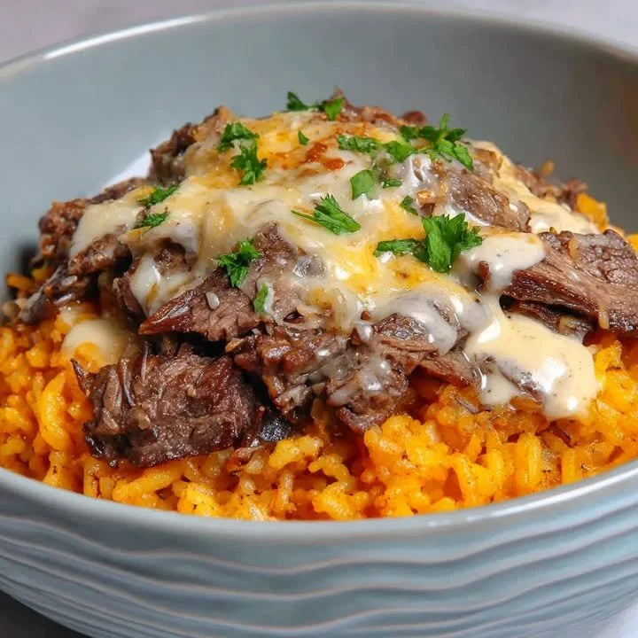 Steak Queso Reisschale mit zartem Rindfleisch und cremigem Käse.