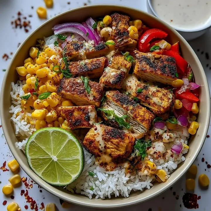 Street Corn Hähnchen Reisschale mit frischen Zutaten und Gewürzen