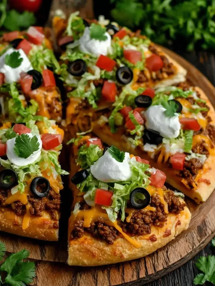 Leckere Taco-Pizza mit frischen Zutaten und würzigen Toppings.