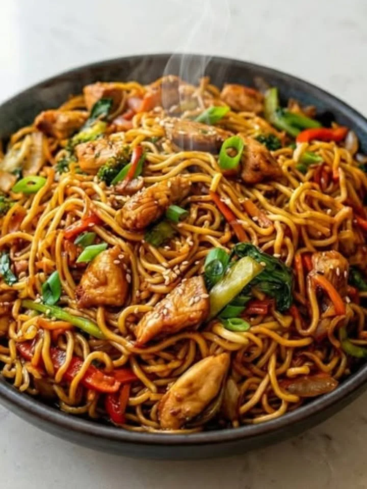 Teriyaki-Nudeln mit Brokkoli auf einem Teller angerichtet