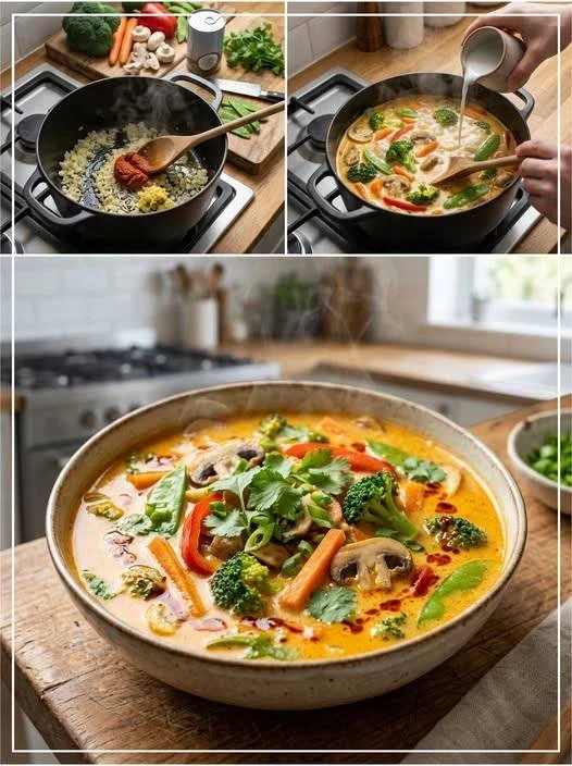 Köstliche Thai-Kokos-Suppe mit frischen Zutaten und aromatischen Gewürzen.