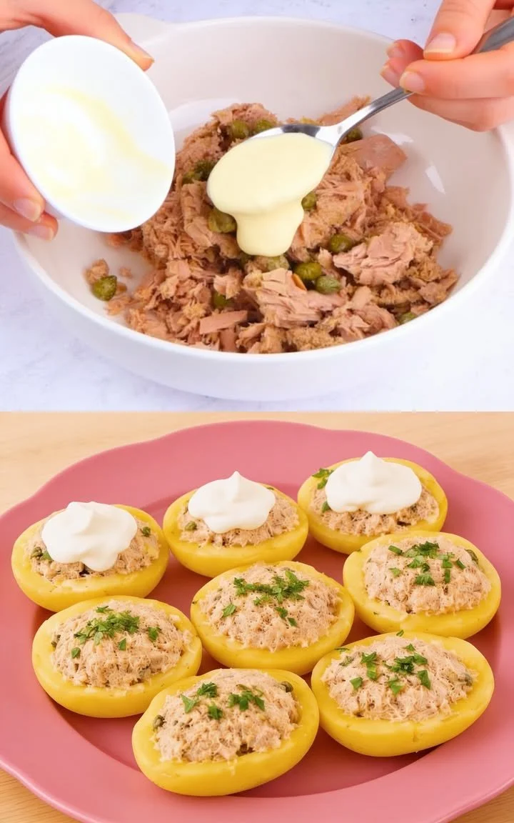 Leckere Thunfisch-Kartoffeln auf einem Teller, serviert und garniert.