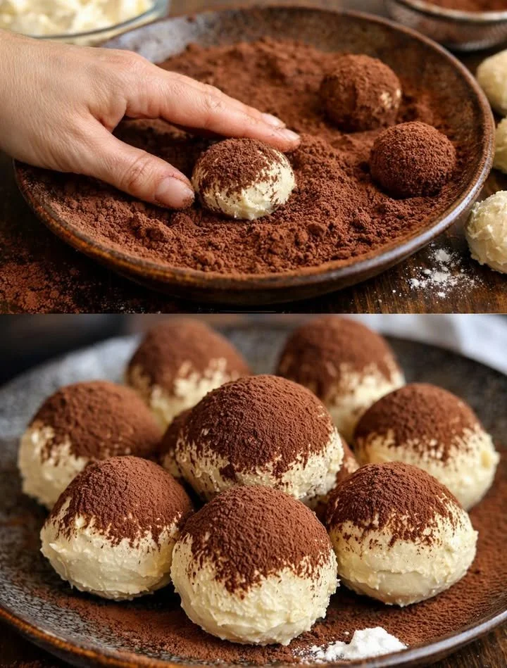 Tiramisu Kugeln mit Mascarpone auf einem Teller serviert.