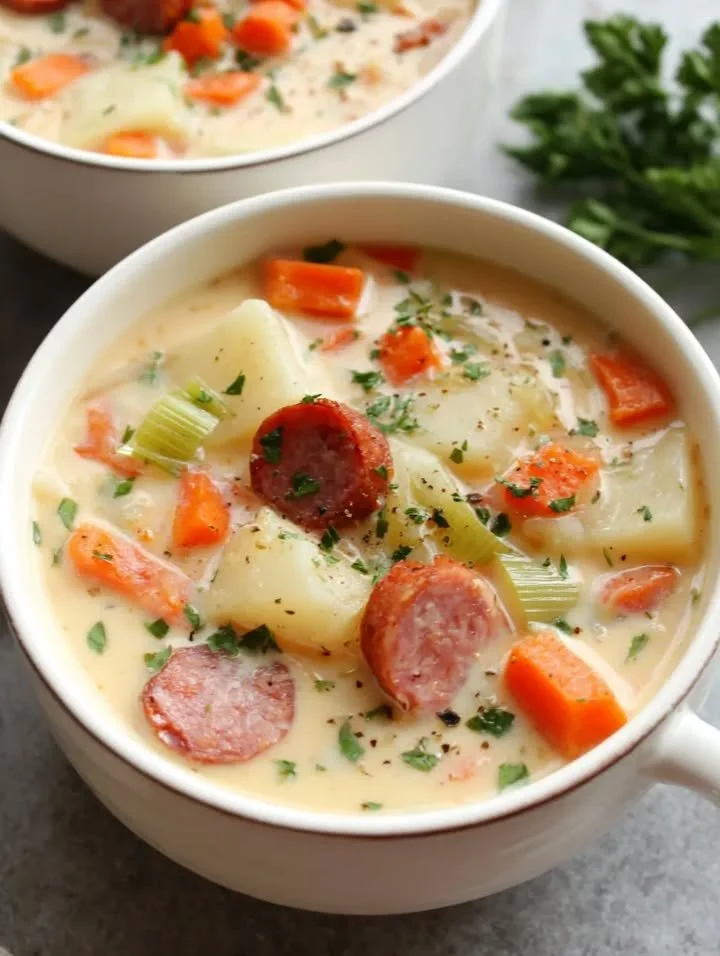 Schüssel mit traditioneller Kartoffelsuppe, garniert mit frischen Kräutern