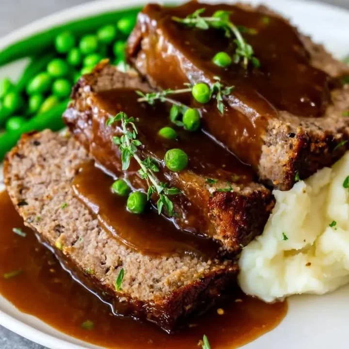 Traditioneller Hackbraten mit Zwiebeln auf einem Teller serviert