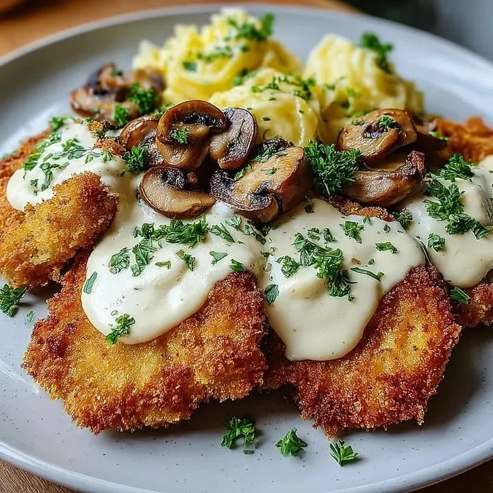 Überbackene Partyschnitzel aus dem Ofen auf einem Teller serviert