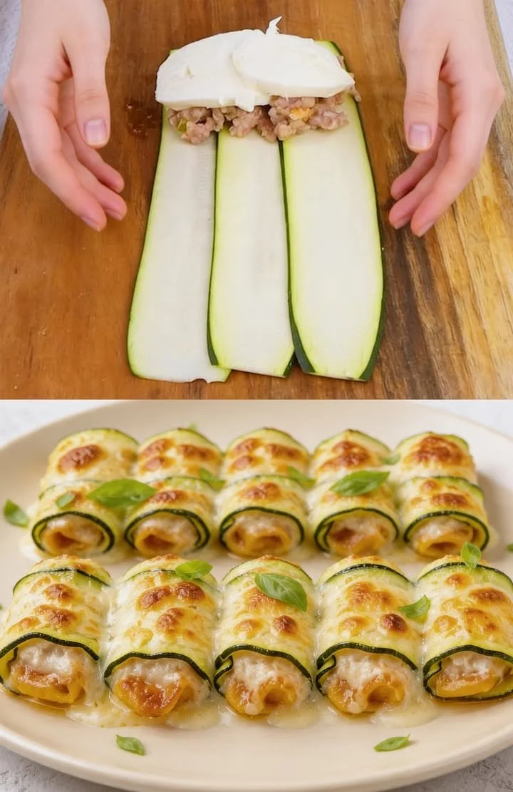 Überbackene Zucchini-Röllchen mit Käse und Füllung auf einem Teller serviert.