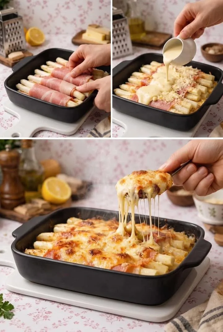 Überbackener Spargel mit Käse überkrustet und frischen Kräutern garniert.