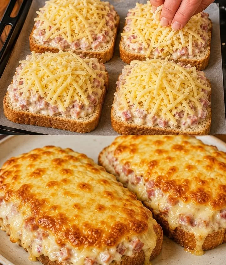 Überbackenes Käsebrot mit Schinken aus leckerem Käse und frisch gebackenem Brot.