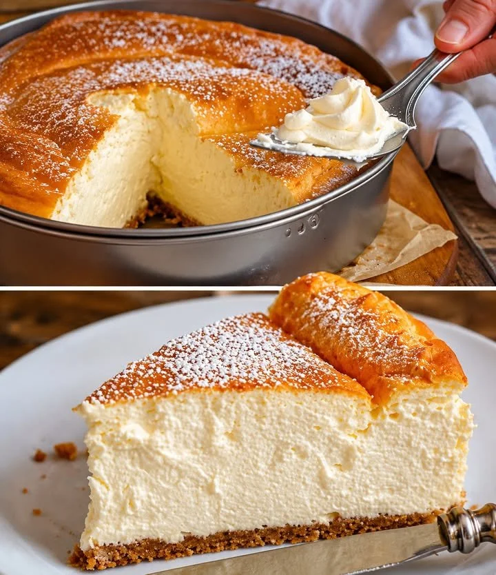 Ultracremiger Quarkkuchen mit frischen Beeren und Puderzucker garniert.