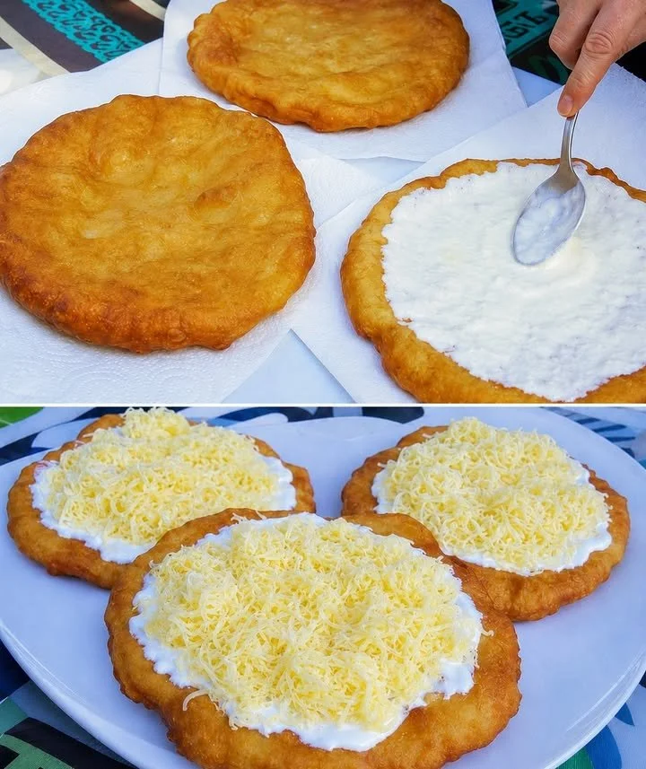 Ungarisches Langosch - knuspriger Snack aus Hefeteig, frisch zubereitet.