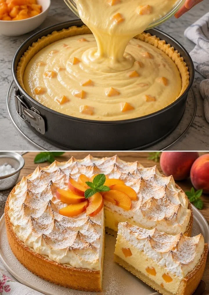 Vanille-Käse-Kuchen mit Pfirsichen auf einem Teller serviert.