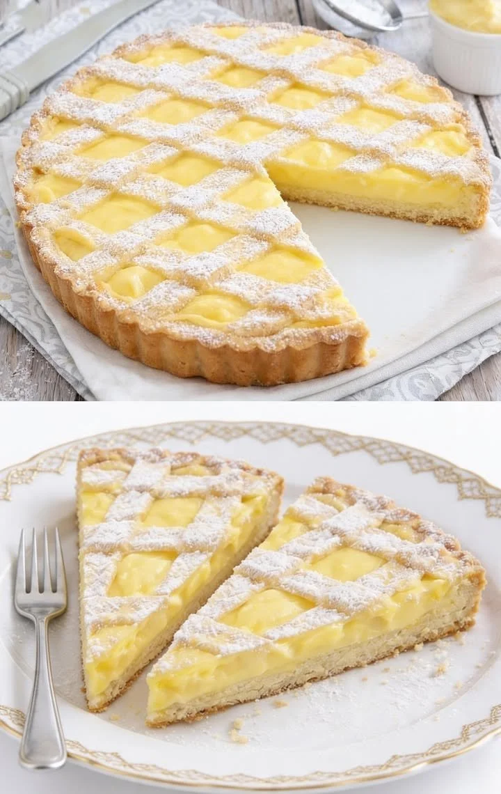 Vanille-Zitronen-Tarte mit frischen Zitronenscheiben und Vanillecreme.
