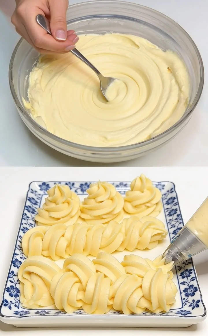 Schüssel mit cremiger Vanillecreme auf einem Holztisch, ideal für Desserts.