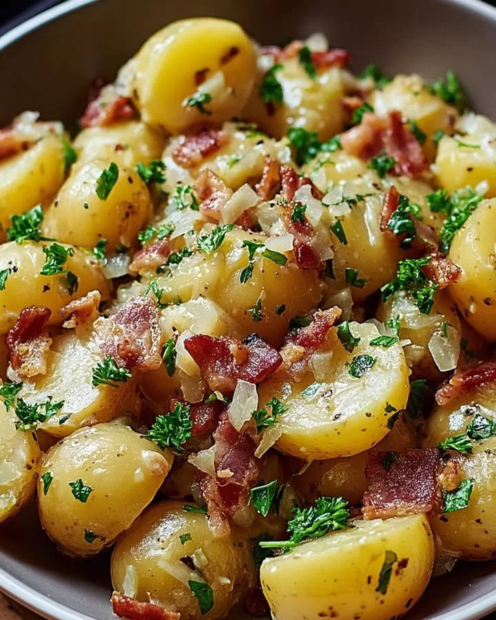 Warmer Kartoffelsalat mit Bacon und Zwiebeln in einer Schüssel serviert