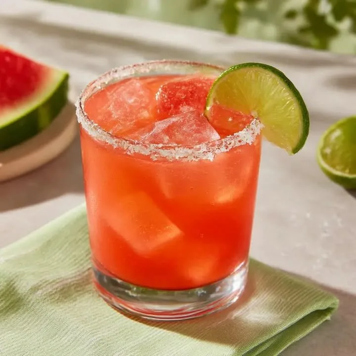 Erfrischende Wassermelonen-Margarita-Mocktail in einem Glas mit Limettenscheibe.