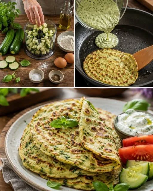 Weiche Zucchini-Fladen auf einem Teller, serviert mit frischen Kräutern.