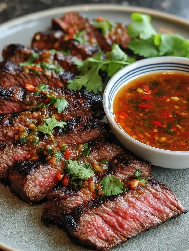 Weinender Tiger Rindfleisch serviert mit Nam Jim Jaew Sauce