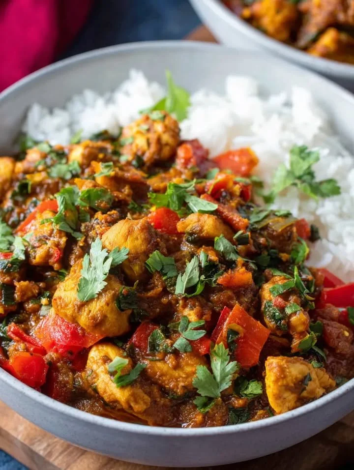 Würziges Hähnchen-Curry in einer Schüssel mit frischen Kräutern garniert