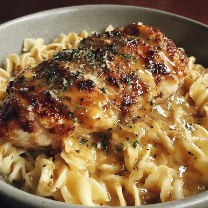 Zartes Huhn mit cremigen Butter-Nudeln auf einem Teller angerichtet