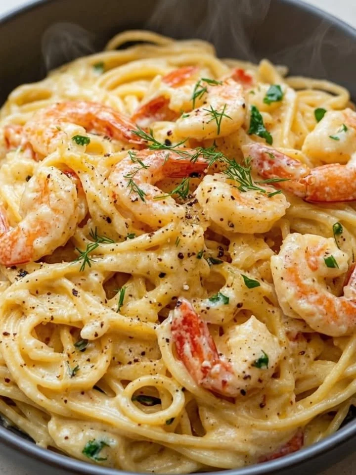 Zitronen-Garnelen-Pasta mit frischen Zutaten auf einem Teller serviert.