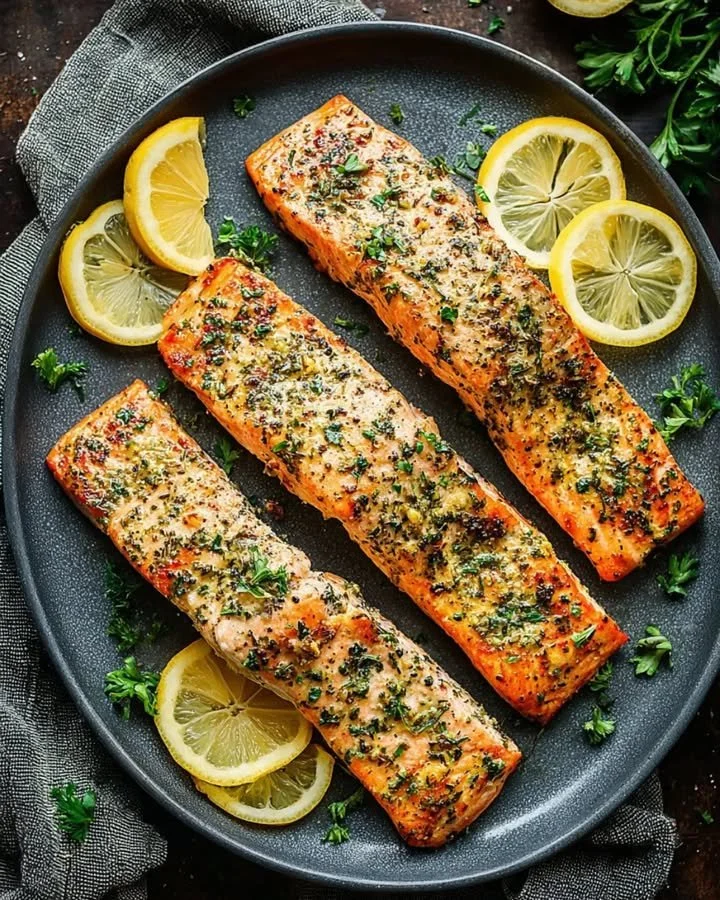 Zitronen-Pfeffer-Lachs auf einem Teller mit frischen Kräutern dekoriert