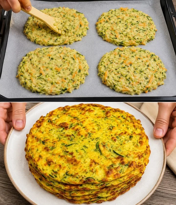 Zucchini-Karotten-Pfannkuchen auf einem Teller mit frischen Zutaten