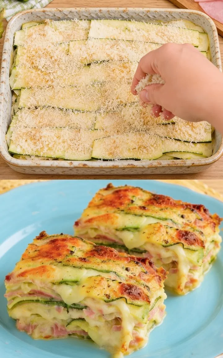 Köstliches Zucchini-Parmesan aus dem Ofen, garniert mit geschmolzenem Käse.