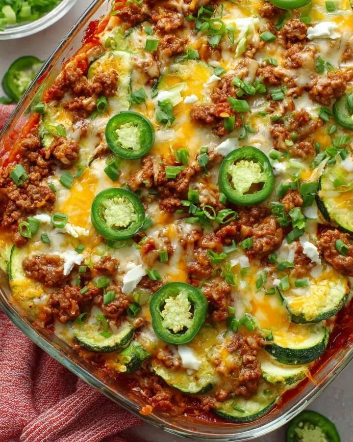 Zucchini Pizza Auflauf aus frischen Zutaten auf einem Teller serviert