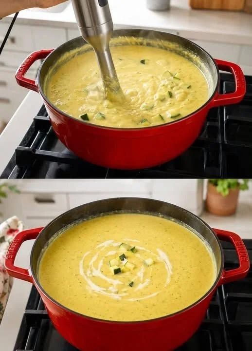 Schüssel mit frisch zubereiteter Zucchinisuppe mit Kräutern garniert