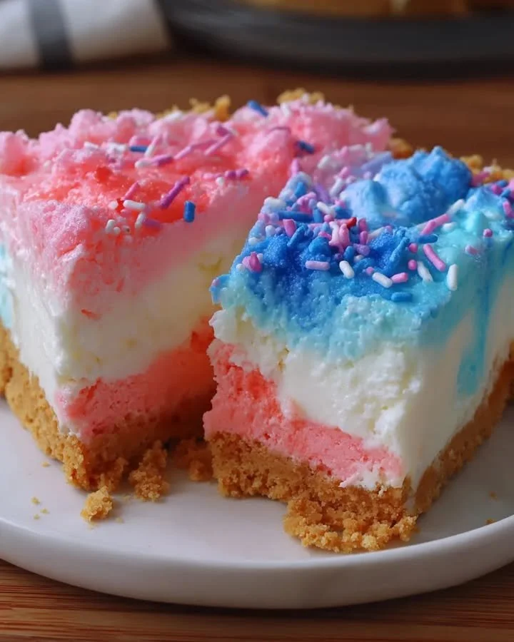 Zuckerwatten-Käsekuchen mit bunten Zuckerwatte-Fäden auf weißem Teller