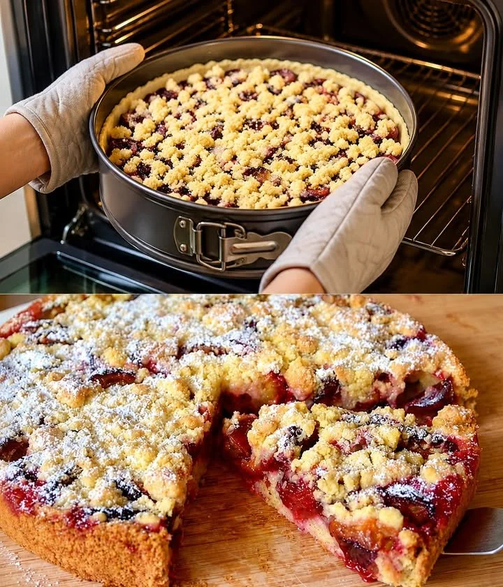 Zwetschgenkuchen mit Vanillepudding auf einem Teller