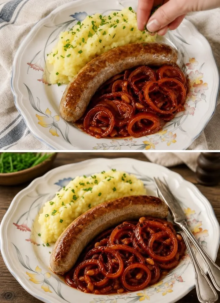 Bratwurst mit Paprika und Zwiebeln, saftig und aromatisch zubereitet.