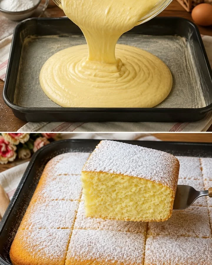 Ein Stück saftiger, warmer Milchkuchen auf einem Teller