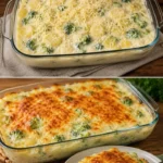 Kartoffel-Brokkoli-Gratin mit Käsekruste auf einem Teller serviert.