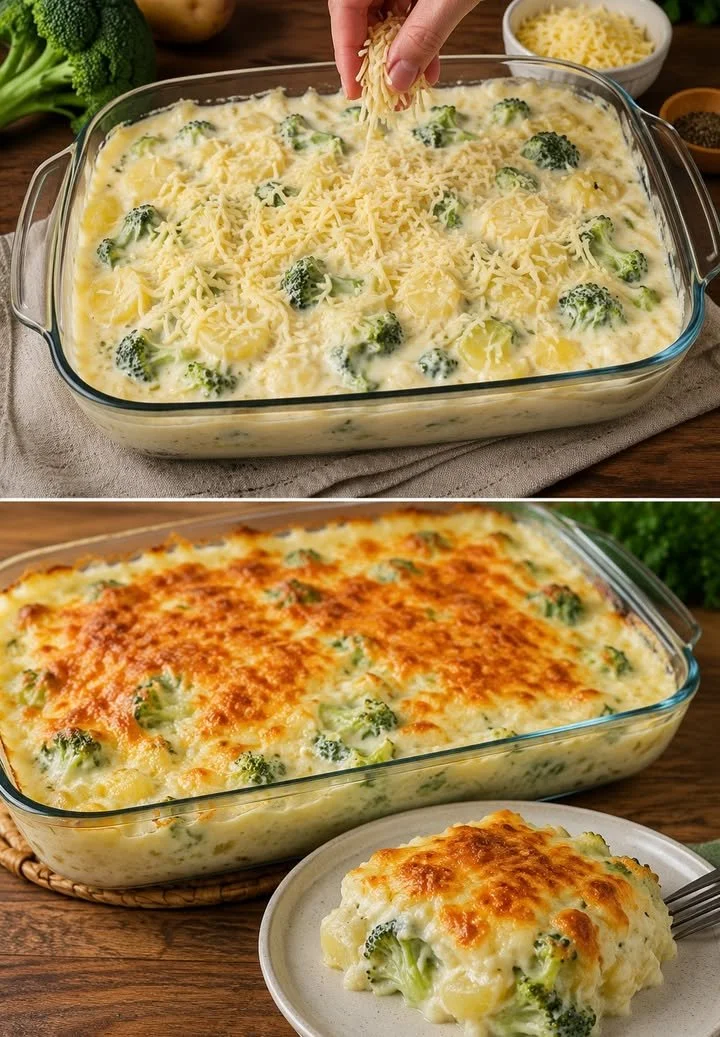 Kartoffel-Brokkoli-Gratin mit Käsekruste auf einem Teller serviert.